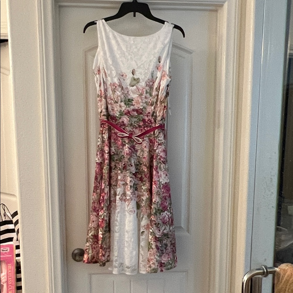 Danny & Nicole White Floral Midi Dress with Rose Pink Belt